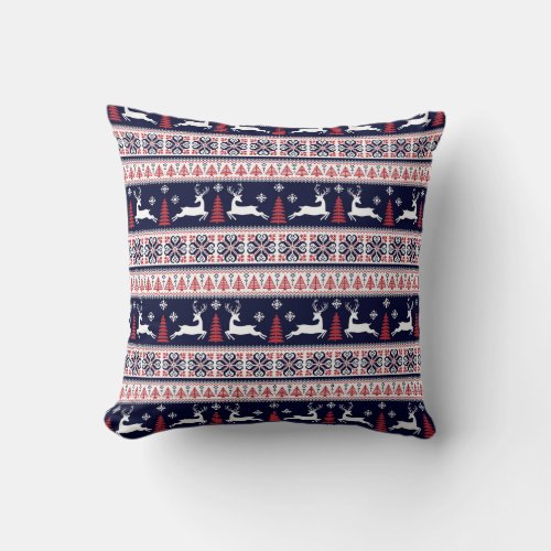 Blue Winter Knit Patten Reindeer Christmas Throw Pillow