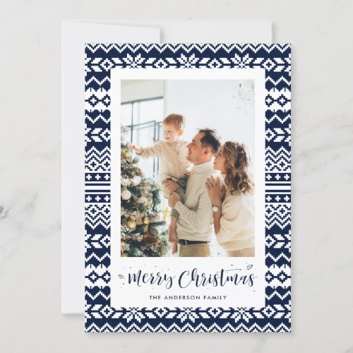 Blue Winter Knitted Pattern Photo Christmas Card