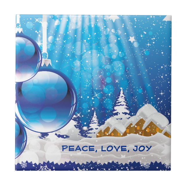 Blue winter landscape and Christmas balls custom Ceramic Tile (Front)