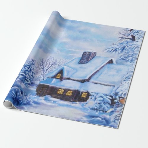 Blue Winter Landscape Cabin Wrapping Paper
