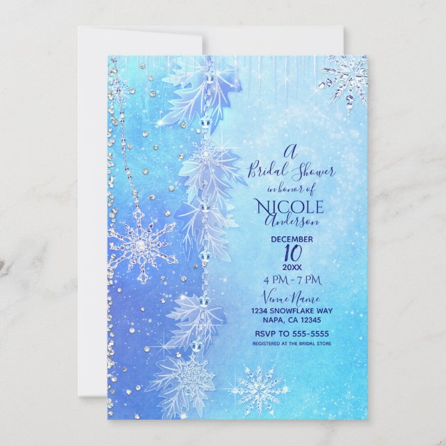 Blue Winter Leaves & Snowflakes Bridal Shower Invitation (Front)