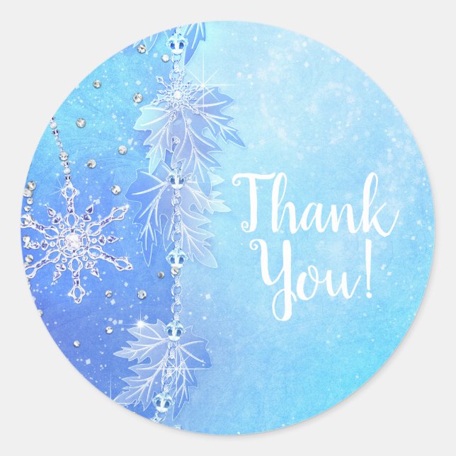 Blue Winter Leaves & Snowflakes Elegant Favor Classic Round Sticker (Front)