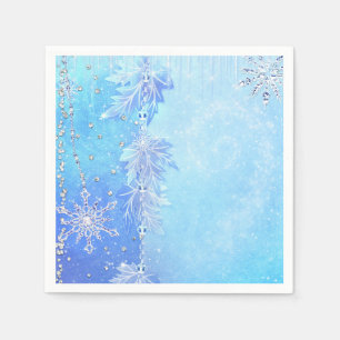 Blue Winter Leaves & Snowflakes Elegant Party Napkins