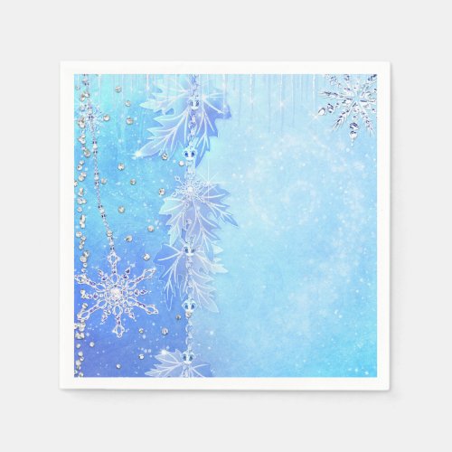 Blue Winter Leaves  Snowflakes Elegant Party Napkins