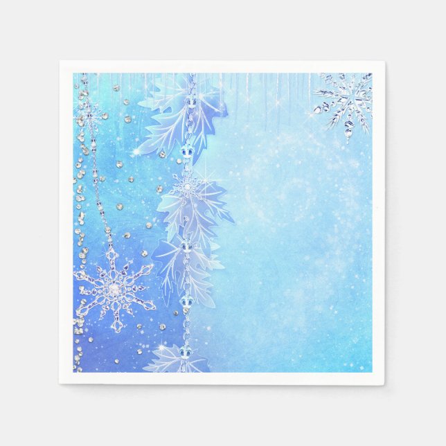 Blue Winter Leaves & Snowflakes Elegant Party Napkins (Front)