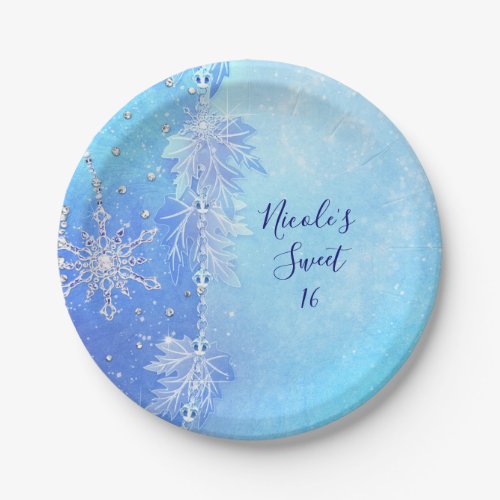 Blue Winter Leaves  Snowflakes Elegant Party Paper Plates