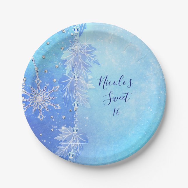 Blue Winter Leaves & Snowflakes Elegant Party Paper Plates (Front)