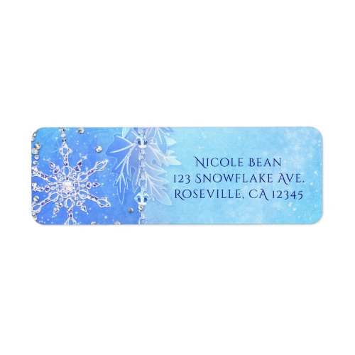 Blue Winter Leaves  Snowflakes Party Invitation Label