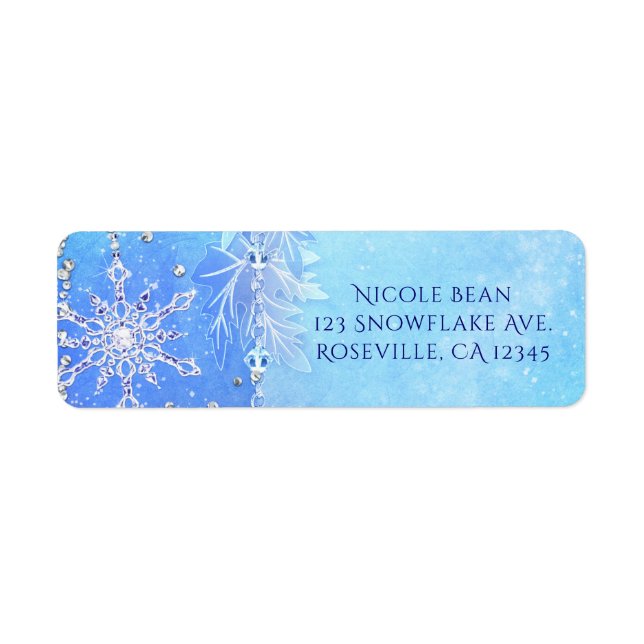 Blue Winter Leaves & Snowflakes Party Invitation Label (Front)