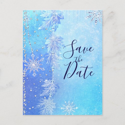 Blue Winter Leaves  Snowflakes Save the Date Announcement Postcard