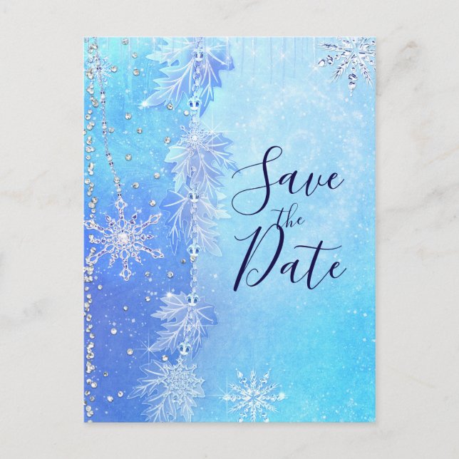 Blue Winter Leaves & Snowflakes Save the Date Announcement Postcard (Front)