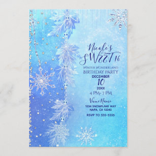 Blue Winter Leaves & Snowflakes Sweet 16 Party Invitation