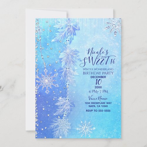 Blue Winter Leaves  Snowflakes Sweet 16 Party Invitation