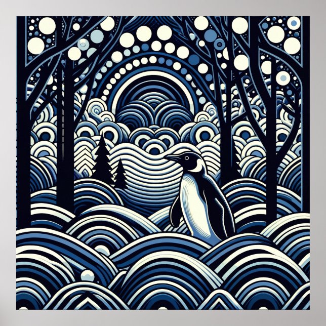 Blue Winter Midnight King Penguin Abstract Forest  Poster (Front)