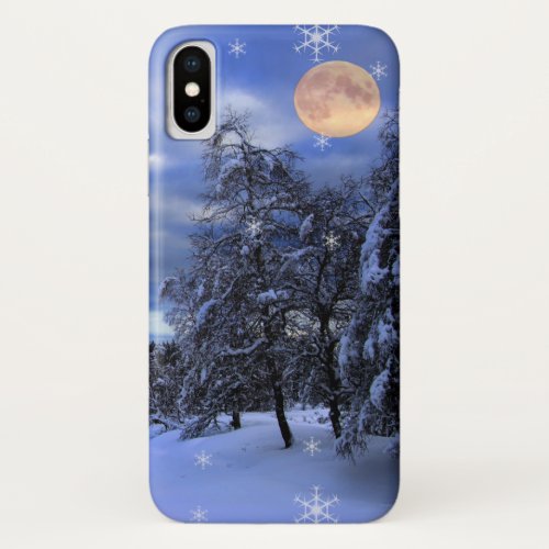 Blue winter night with moon and snowflakes iPhone x case