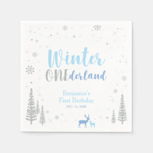 Blue Winter Onederland Boy 1st Birthday Party Napkins