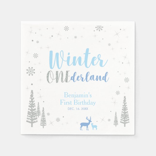 Blue Winter Onederland Boy 1st Birthday Party Napkins (Front)