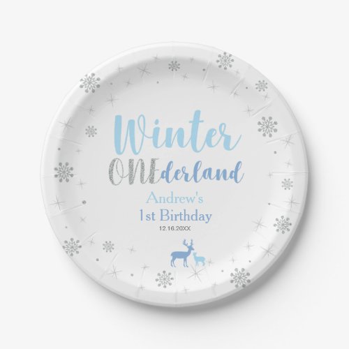 Blue Winter Onederland Boy 1st Birthday Party Paper Plates