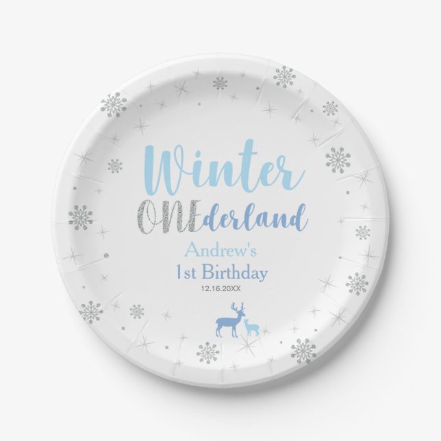 Blue Winter Onederland Boy 1st Birthday Party Paper Plates (Front)