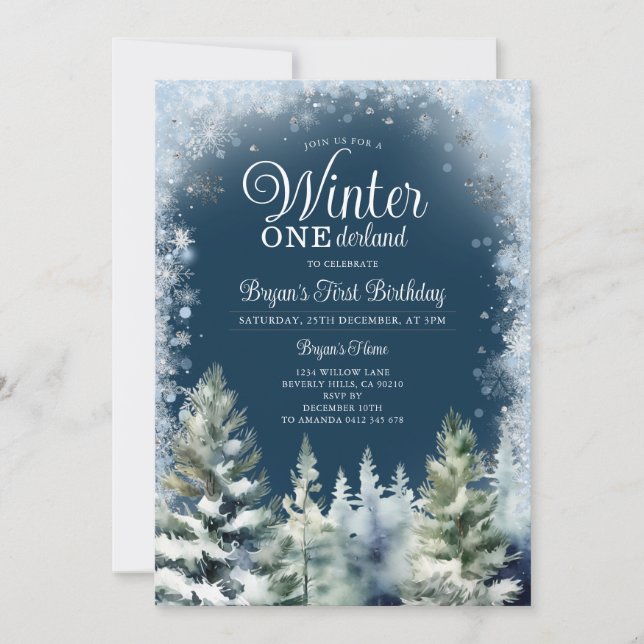 Blue Winter Onederland Silver Snowflakes Birthday Invitation (Front)