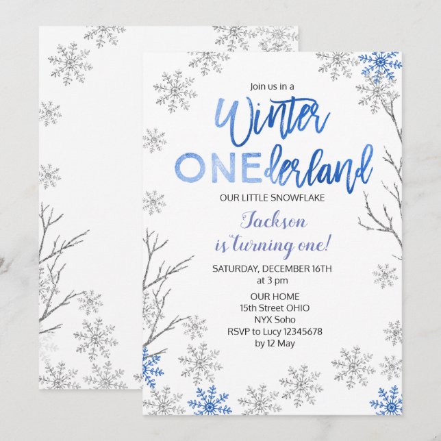 BLUE Winter ONEderland Snow Birthday Invite (Front/Back)