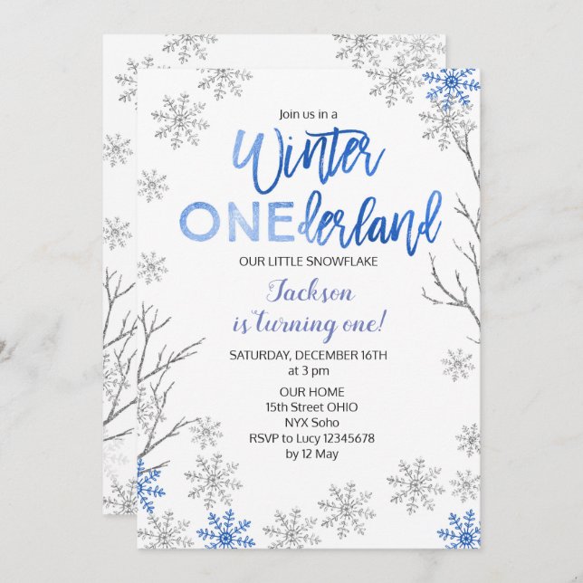 BLUE Winter ONEderland Snow Birthday Invite (Front/Back)