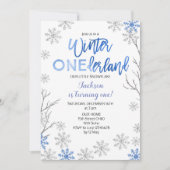 BLUE Winter ONEderland Snow Birthday Invite (Front)