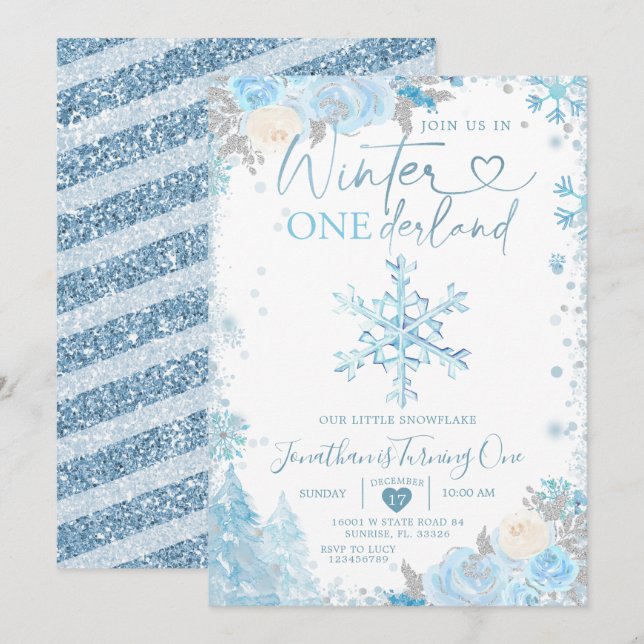 Blue Winter Onederland Snowflake 1st Birthday Invi Invitation (Front/Back)