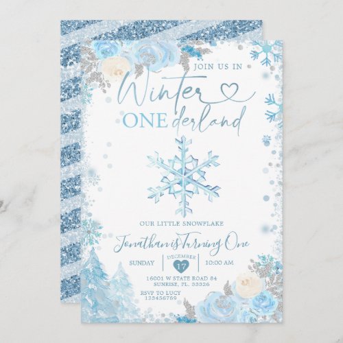 Blue Winter Onederland Snowflake 1st Birthday Invi Invitation