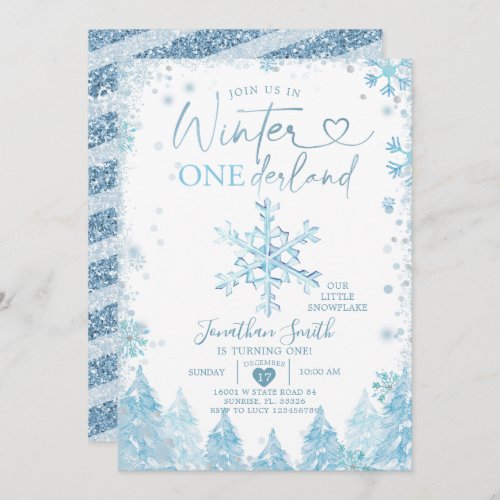 Blue Winter Onederland Snowflake 1st Birthday Invitation