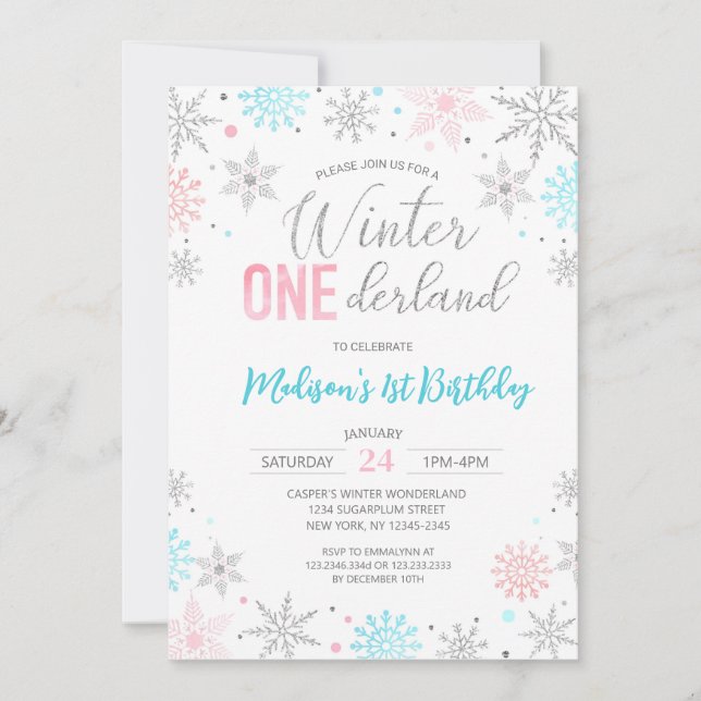 Blue Winter Onederland Snowflakes First Birthday Invitation (Front)