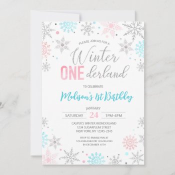 Blue Winter Onederland Snowflakes First Birthday Invitation by SugarPlumPaperie at Zazzle