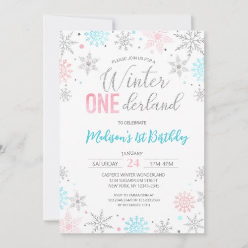 Blue Winter Onederland Snowflakes First Birthday Invitation