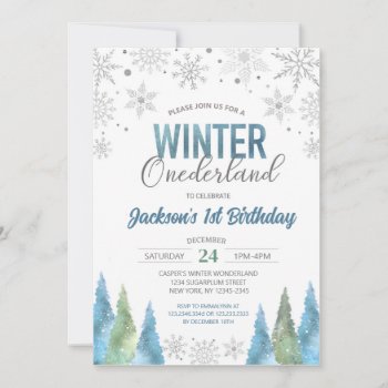 Blue Winter Onederland Snowflakes First Birthday Invitation by SugarPlumPaperie at Zazzle
