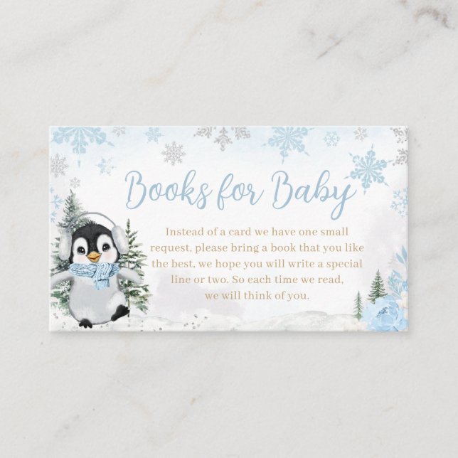 Blue Winter Penguin Baby Shower Books for Baby Enclosure Card (Front)
