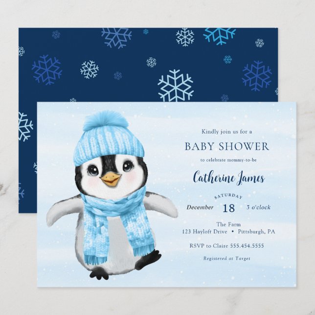 Blue Winter Penguin Baby Shower invitation (Front/Back)