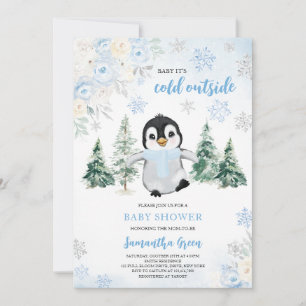 Blue Winter Penguin Baby Shower Invitation