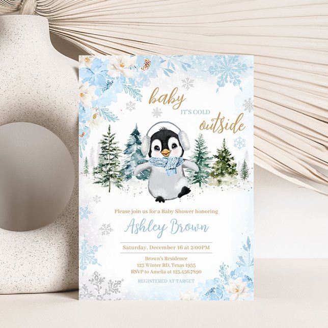 Blue Winter Penguin Baby Shower  Invitation (Boy Penguin Baby Shower Invitation)
