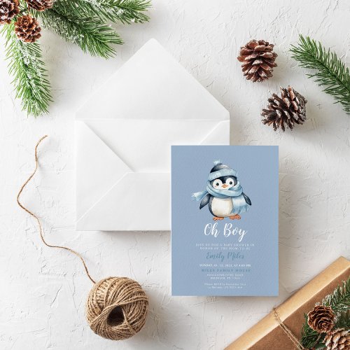 Blue Winter Penguin Baby Shower Invitation