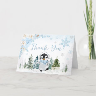 Blue Winter Penguin Baby Shower  Letterpress Thank You Card