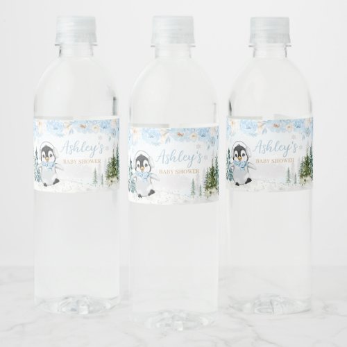 Blue Winter Penguin Baby Shower  Water Bottle Label