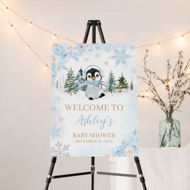 Blue Winter Penguin Baby Shower Welcome Sign (In Situ (Stand))