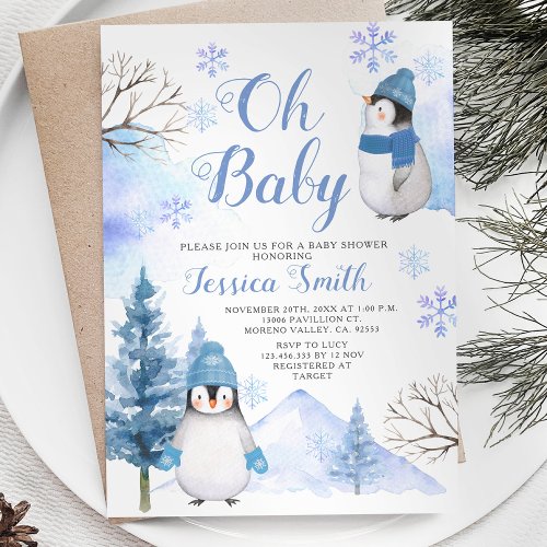 Blue Winter Penguin Mountain Baby Shower Invitation