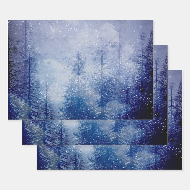 Blue Winter Pine Tree Forest Wrapping Paper Sheets (Set)