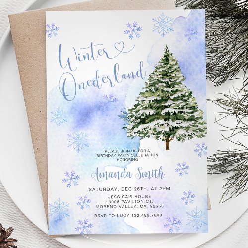 Blue Winter Pine Tree Onederland 1st Birthday  Invitation