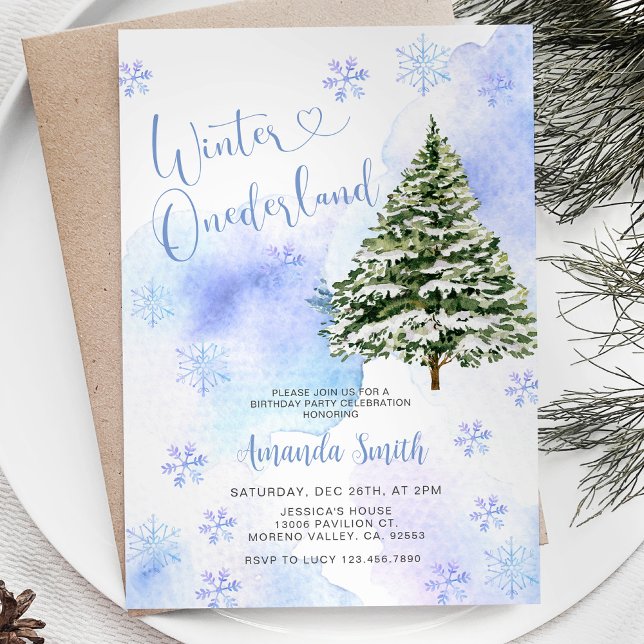 Blue Winter Pine Tree Onederland 1st Birthday  Invitation (Creator Uploaded)