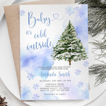 Blue Winter Pine Tree Snowflakes Baby Shower Invitation