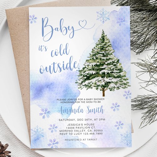 Blue Winter Pine Tree Snowflakes Baby Shower Invitation