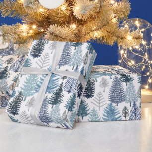 Blue Winter Pine Trees Wrapping Paper