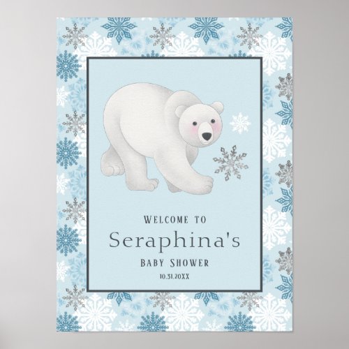 Blue Winter Polar Bear Baby Shower Welcome Poster